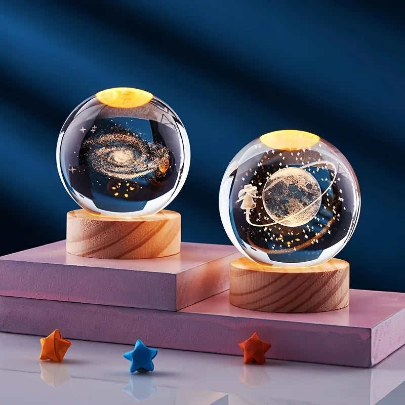 Astronaut 3D Solar System Crystal Ball with LED Lighting Ball Laser Carved Glass - Perfect Gift For Decor